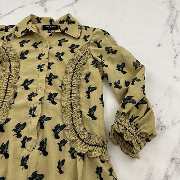 Max Studio Womens Vintage Y2k Ruffle Dress Size XS Tan Blue Birds Academia - Picture 3 of 12